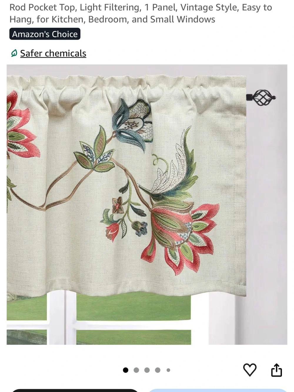 Embroidered Floral Rod Pocket Valance - Beige with Red & Green Accents